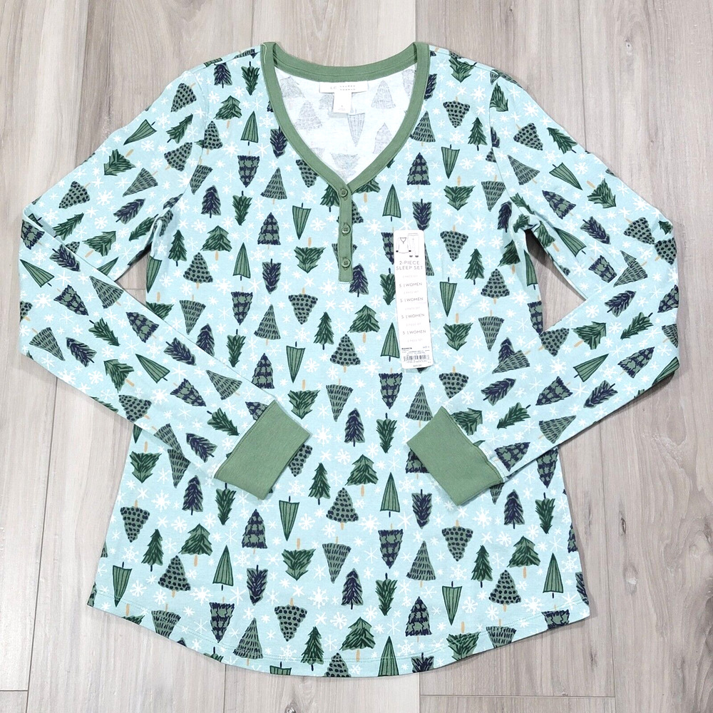 Lauren Conrad Pajama Top Women's Small Green Tree Long Sleeve Henley